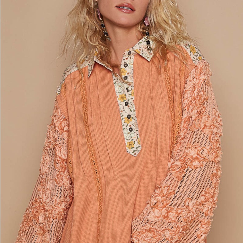 Floral Half Button Lace Detail Long Sleeve Top